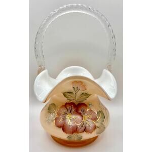 Fenton Art Glass Basket, Sunset Overlay, Hand Blown/Painted, Signed